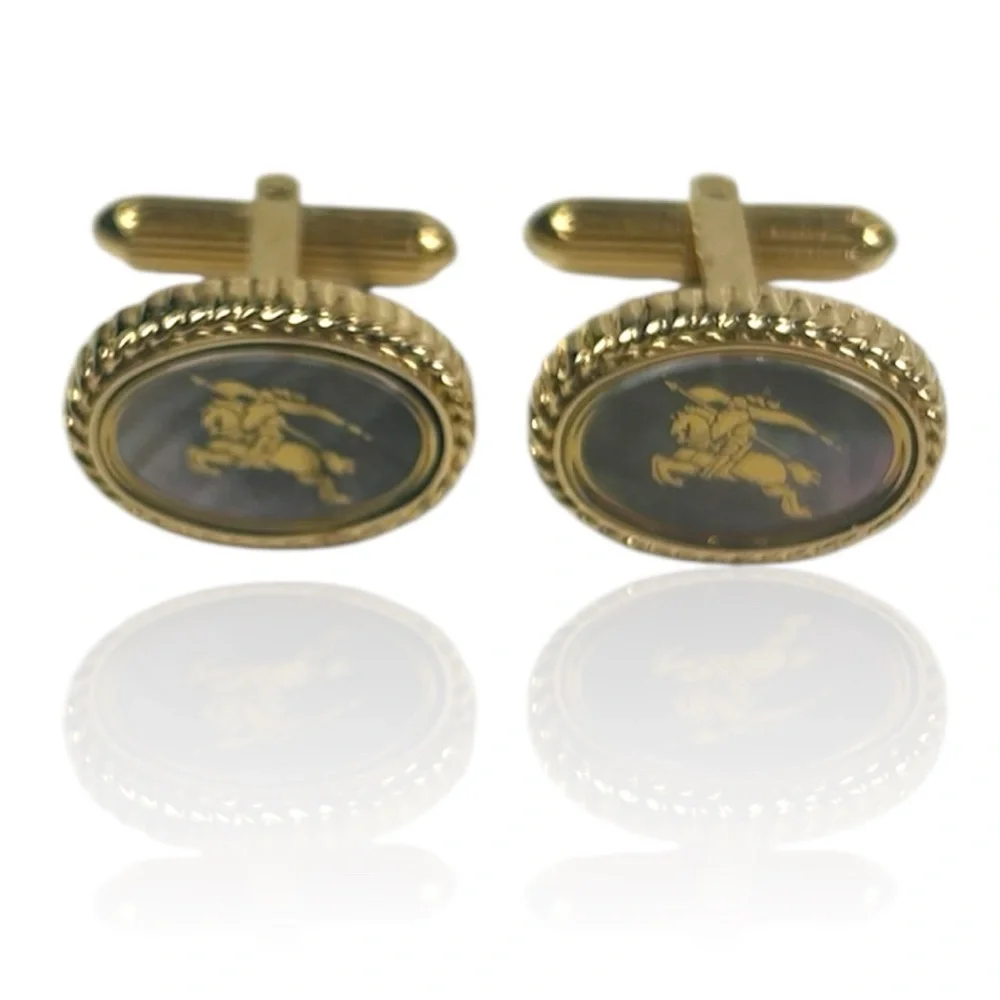 Burberry Vintage Gold Equestrian Cufflinks Knight Logo Oval Rare Designer